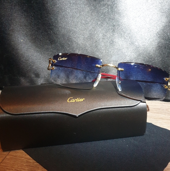 Cartier Sunglasses with Blue Lenses and Gold Detailing - Picture 3 of 4